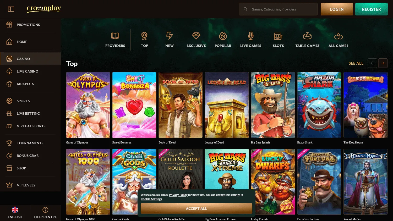 Crownplay Casino home experience on a desktop screen